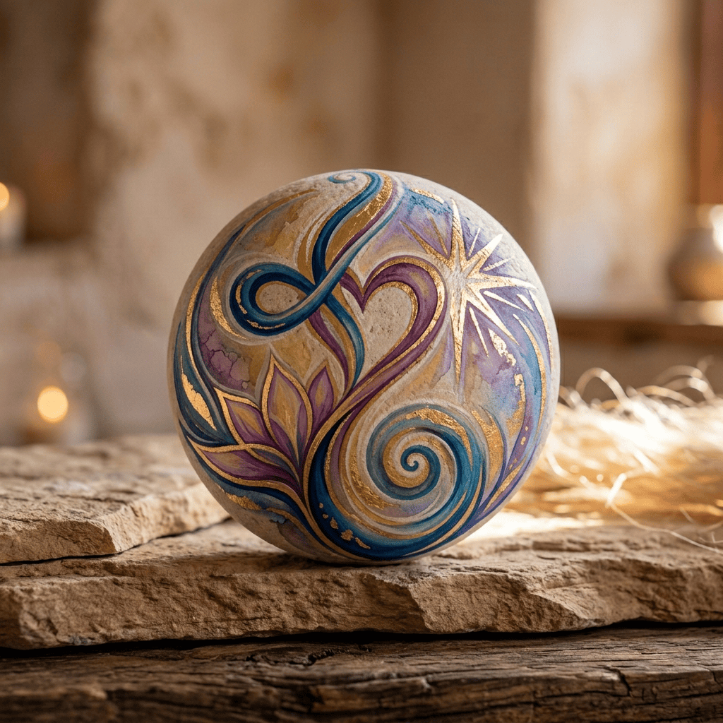 Ornamental abstract artwork with blue and purple swirls, gold highlights, and a glowing starburst